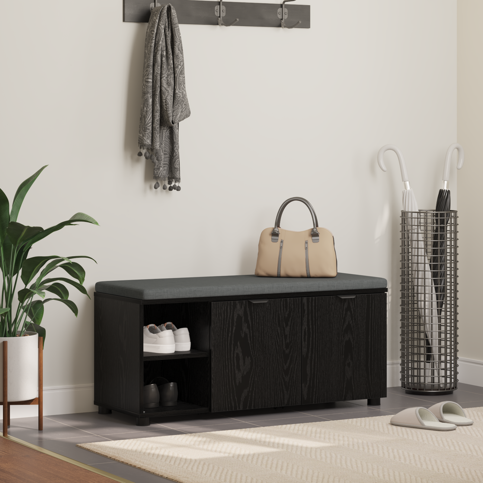 vidaXL Ławka w przedpokoju z poduszką Czarny Dąb 100 x 38 x 46 cm