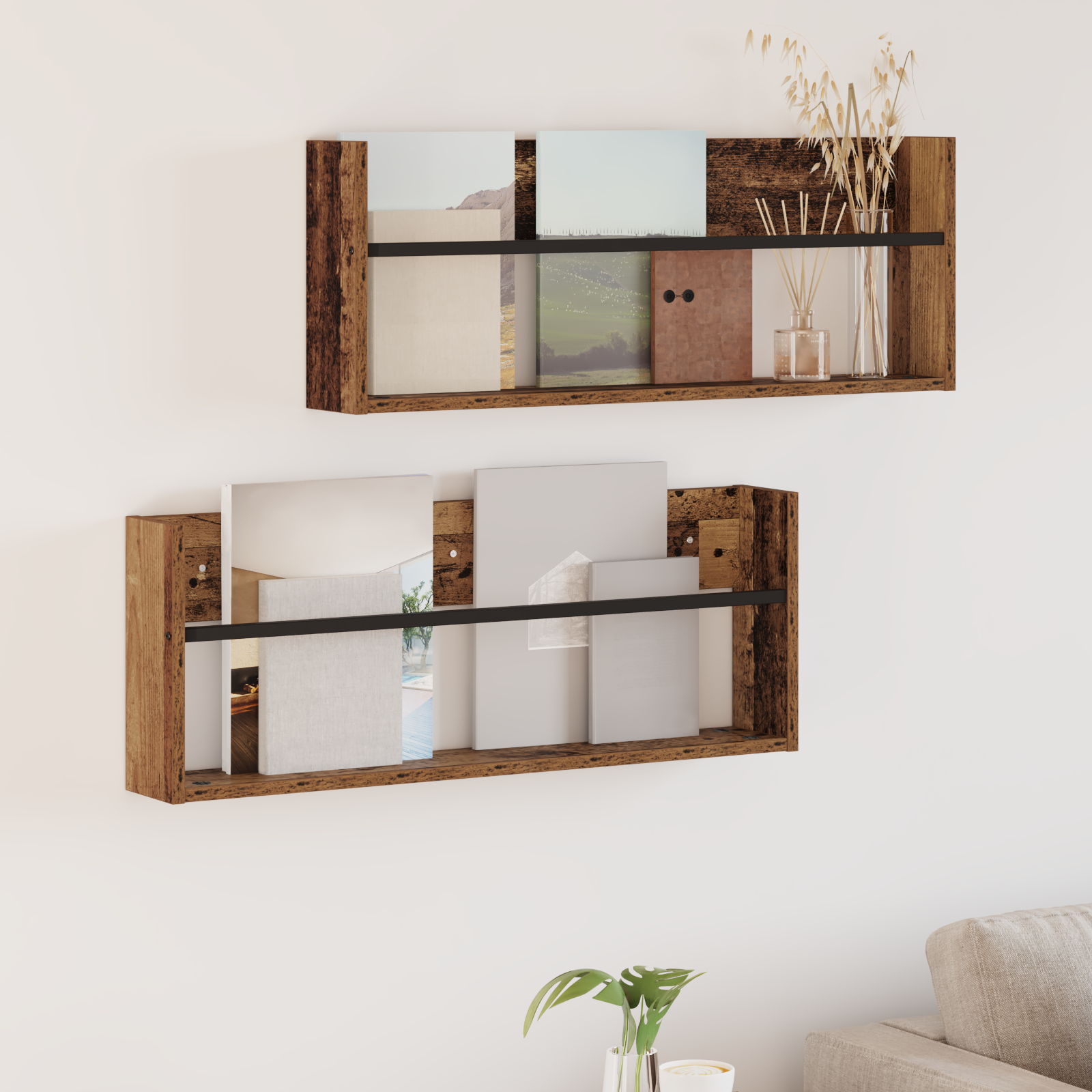 vidaXL Regał na gazety z półką 2 szt. Stare drewno 80 x 12 x 30 cm