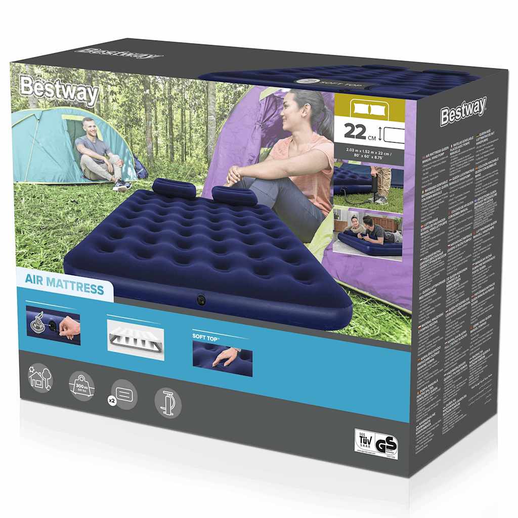 Bestway Materac z poduszkami i pompką, 203 x 152 x 22 cm, 67374