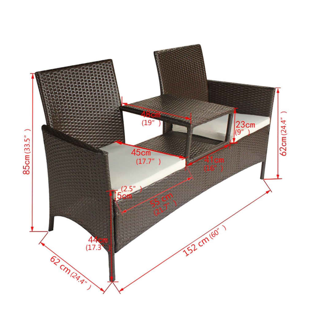 vidaXL Dwuosobowa sofa ogrodowa ze stolikiem, rattan PE, brązowa