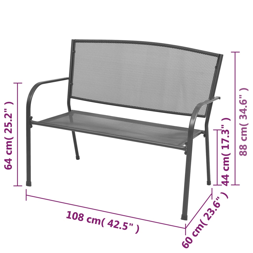 vidaXL Ławka ogrodowa, 108 cm, stal i siatka, antracytowa