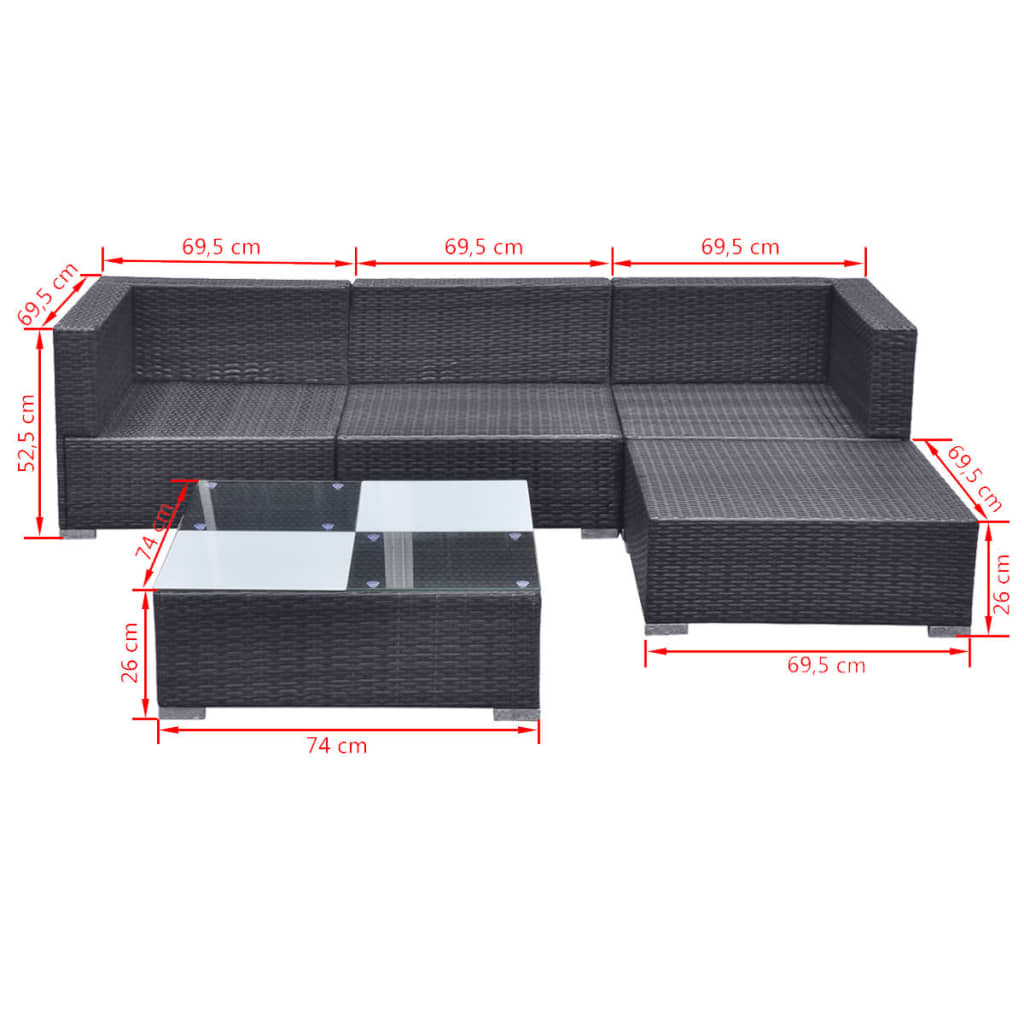 vidaXL 5-cz. zestaw mebli do ogrodu, poduszki, rattan PE czarny