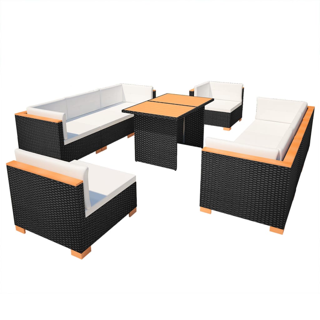 vidaXL 10-cz. zestaw mebli do ogrodu, poduszki, rattan PE, czarny