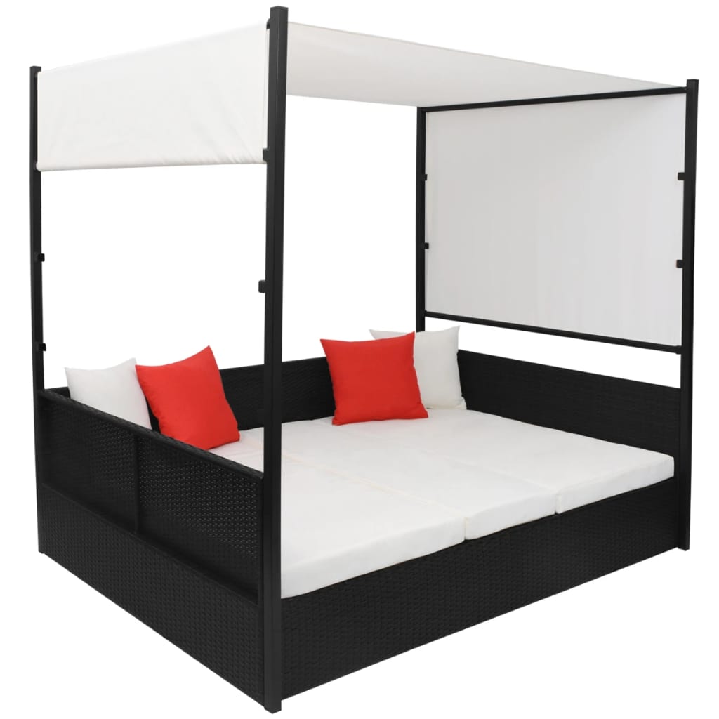 vidaXL Leżanka ogrodowa z zadaszeniem, czarna, 190x130 cm, rattan PE