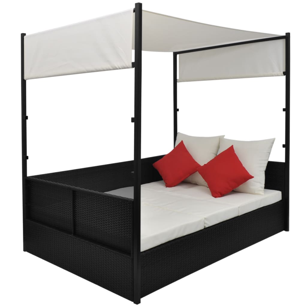 vidaXL Leżanka ogrodowa z zadaszeniem, czarna, 190x130 cm, rattan PE