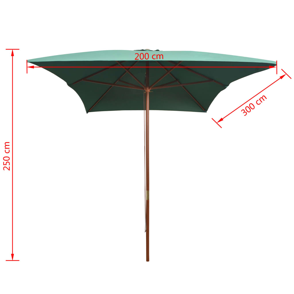 vidaXL Parasol ogrodowy, 200x300 cm, drewniany stelaż, zielony