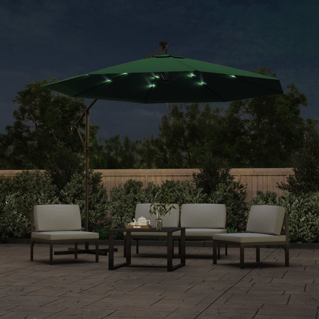 vidaXL Parasol ogrodowy wiszący, światła LED, 300 cm, metal, zielony