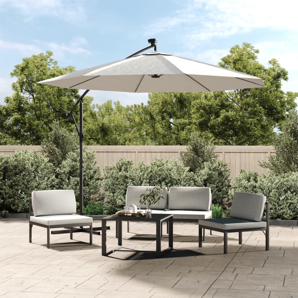 vidaXL Parasol ogrodowy wiszący, światła LED, 300 cm, metal, piaskowy