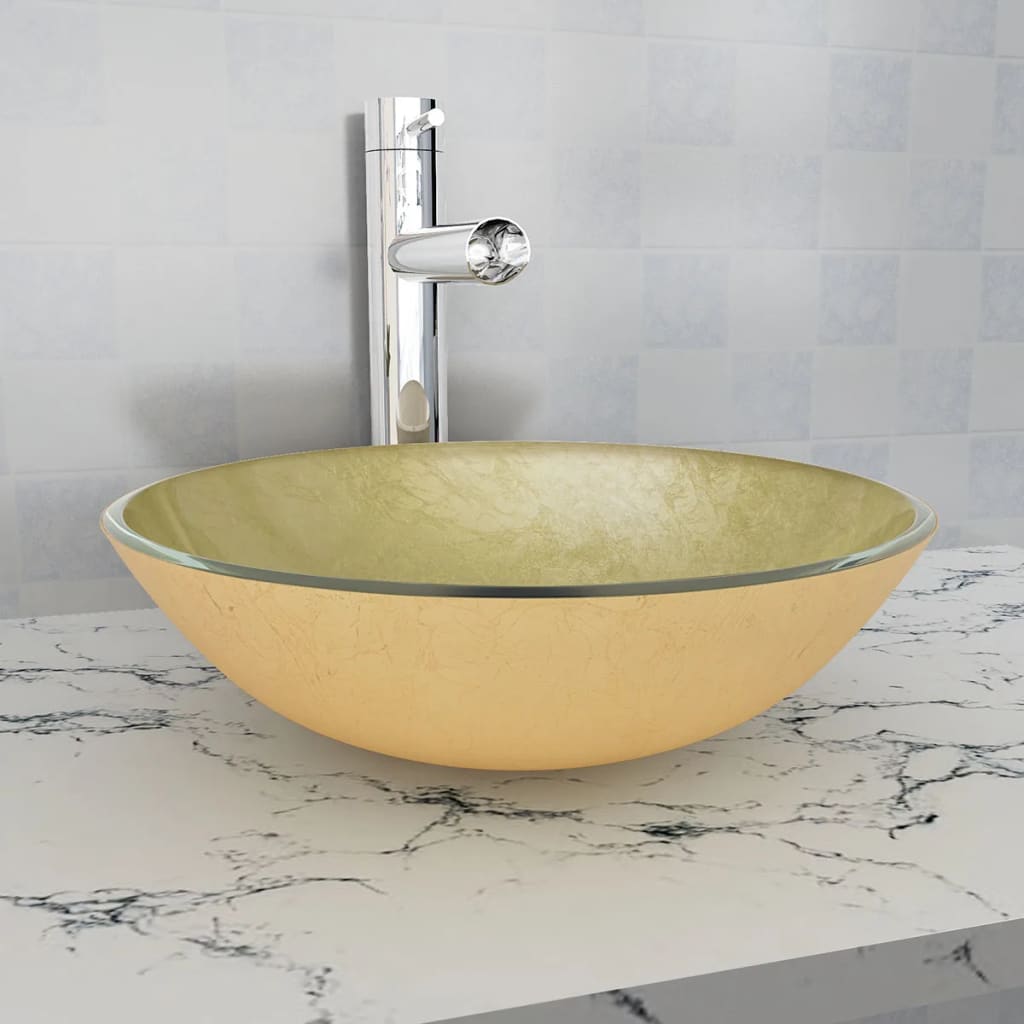 vidaXL Umywalka z hartowanego szkła 42 cm, kolor złota