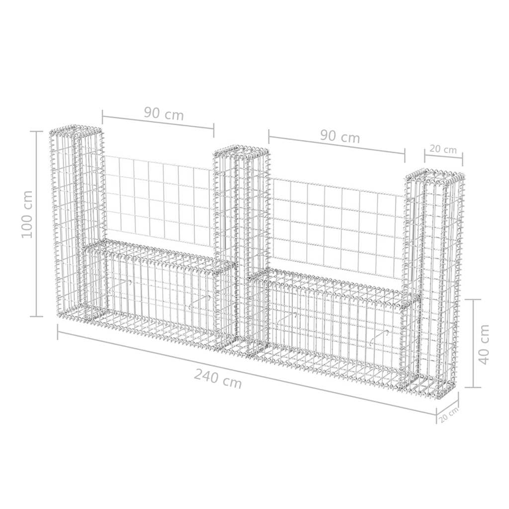 vidaXL Kosz gabionowy w kształcie litery U, stal, 240 x 20 x 100 cm