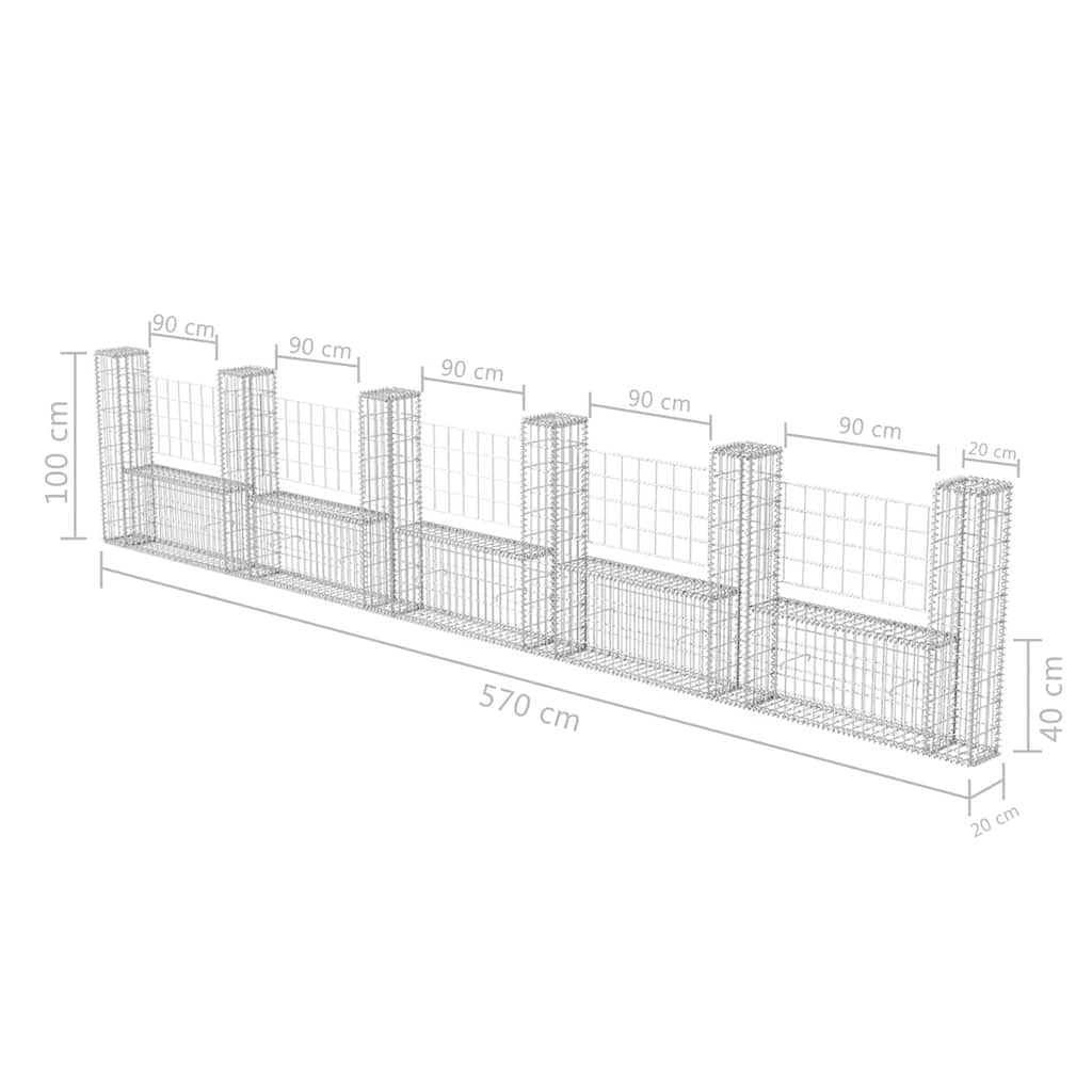 vidaXL Kosz gabionowy w kształcie litery U, stal, 570x20x100 cm