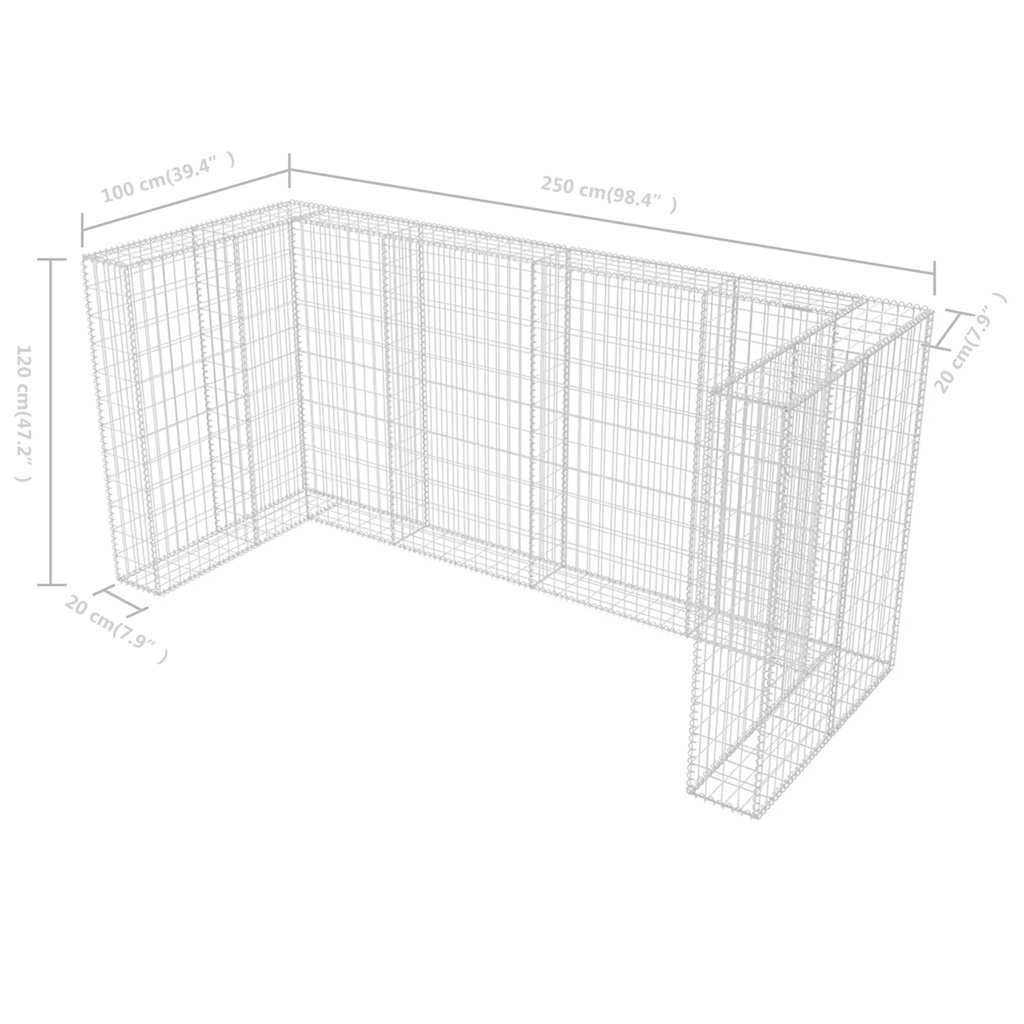 vidaXL Gabion osłonowy na 3 kosze na śmieci, stalowy, 250x100x120 cm
