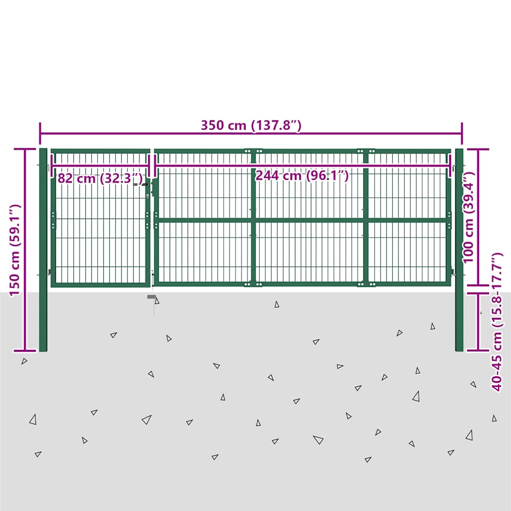 vidaXL Brama ogrodowa ze słupkami 350x100 cm, stal, zielona