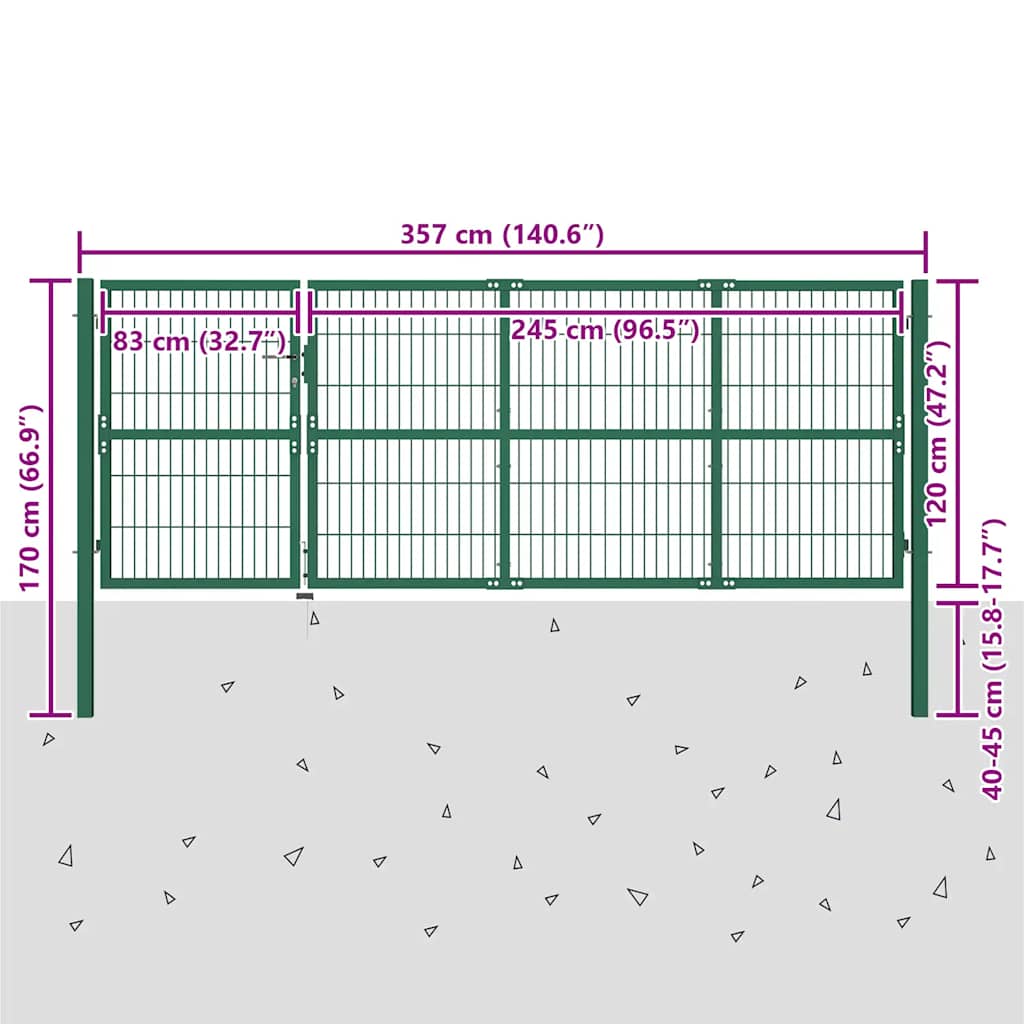 vidaXL Brama ogrodowa ze słupkami 350x120 cm, stal, zielona
