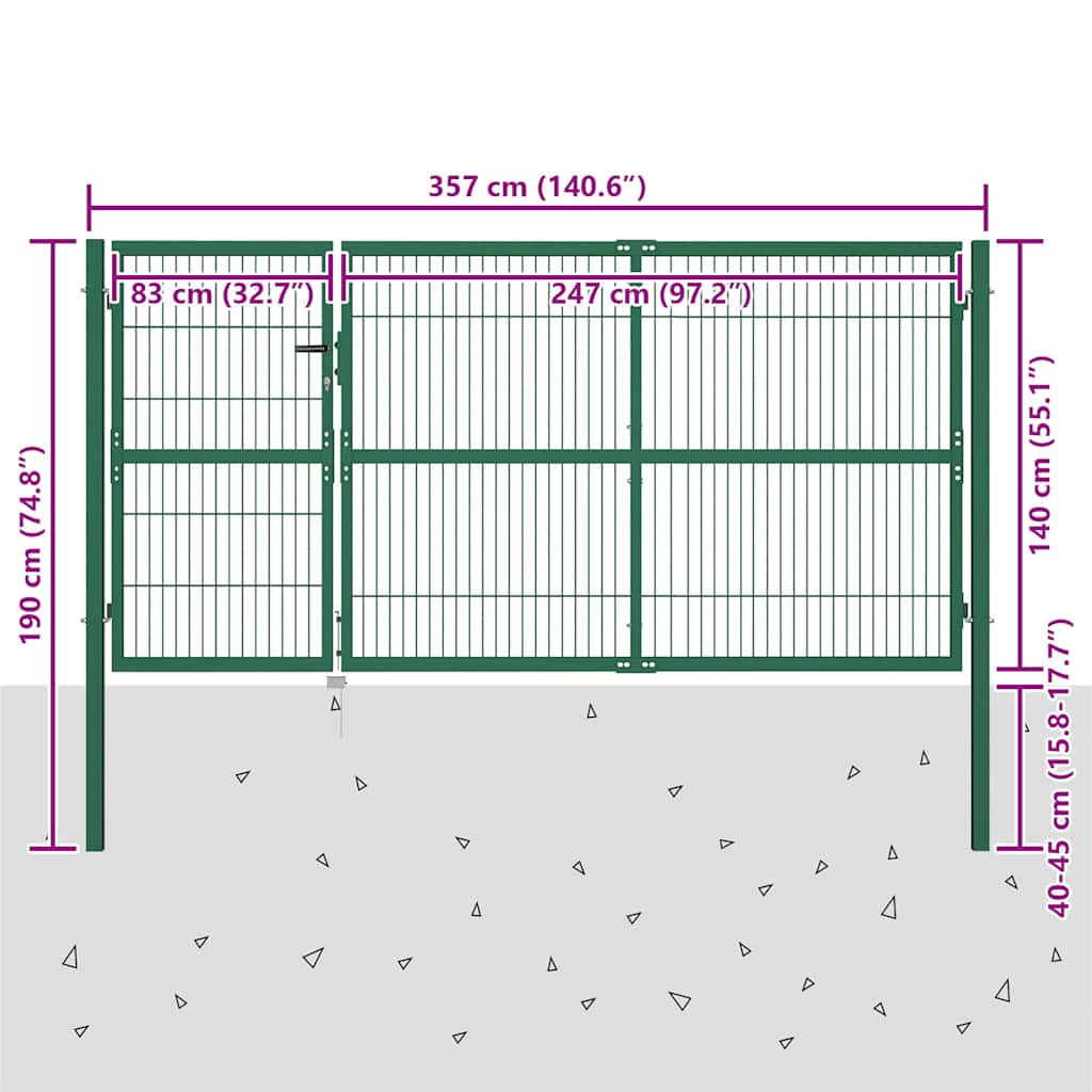 vidaXL Brama ogrodowa ze słupkami 350x140 cm, stal, zielona