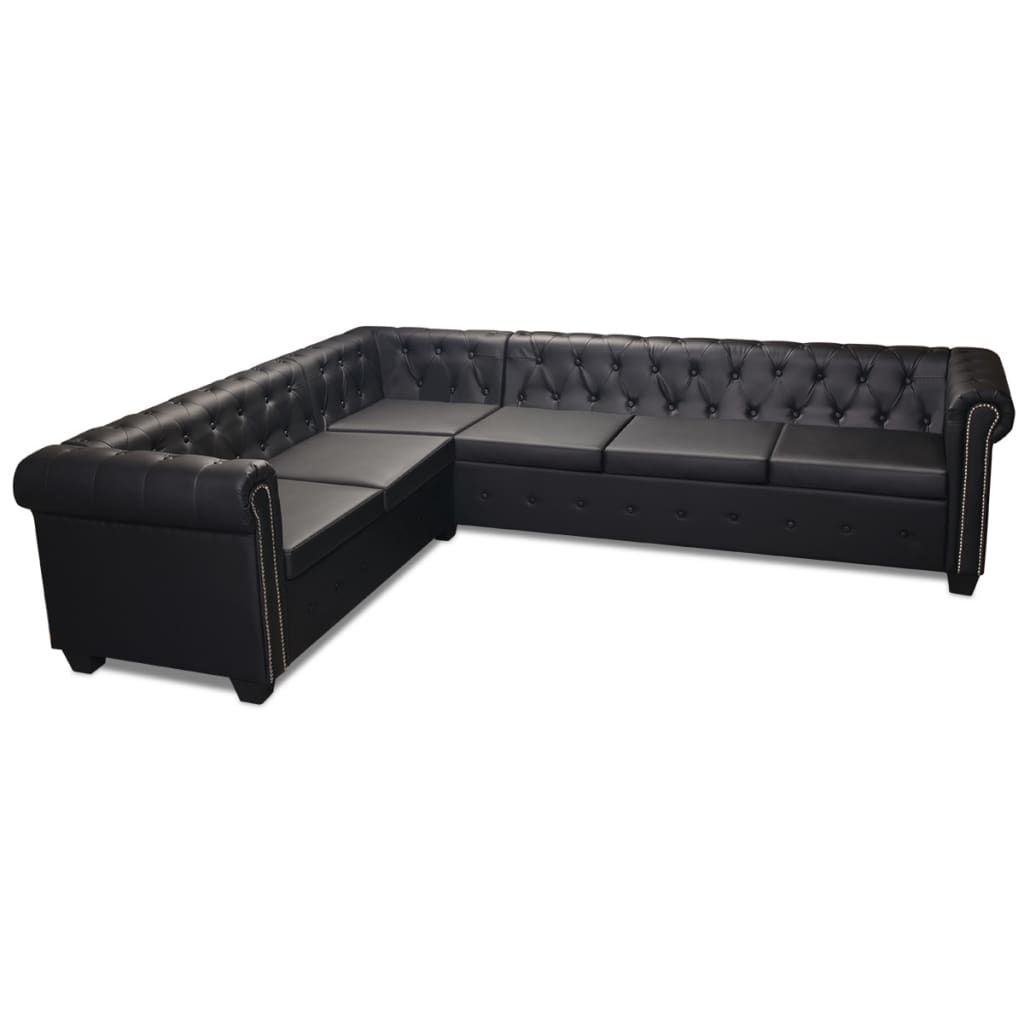 vidaXL Sofa rogowa Chesterfield sześcioosobowa czarna, sztuczna skóra