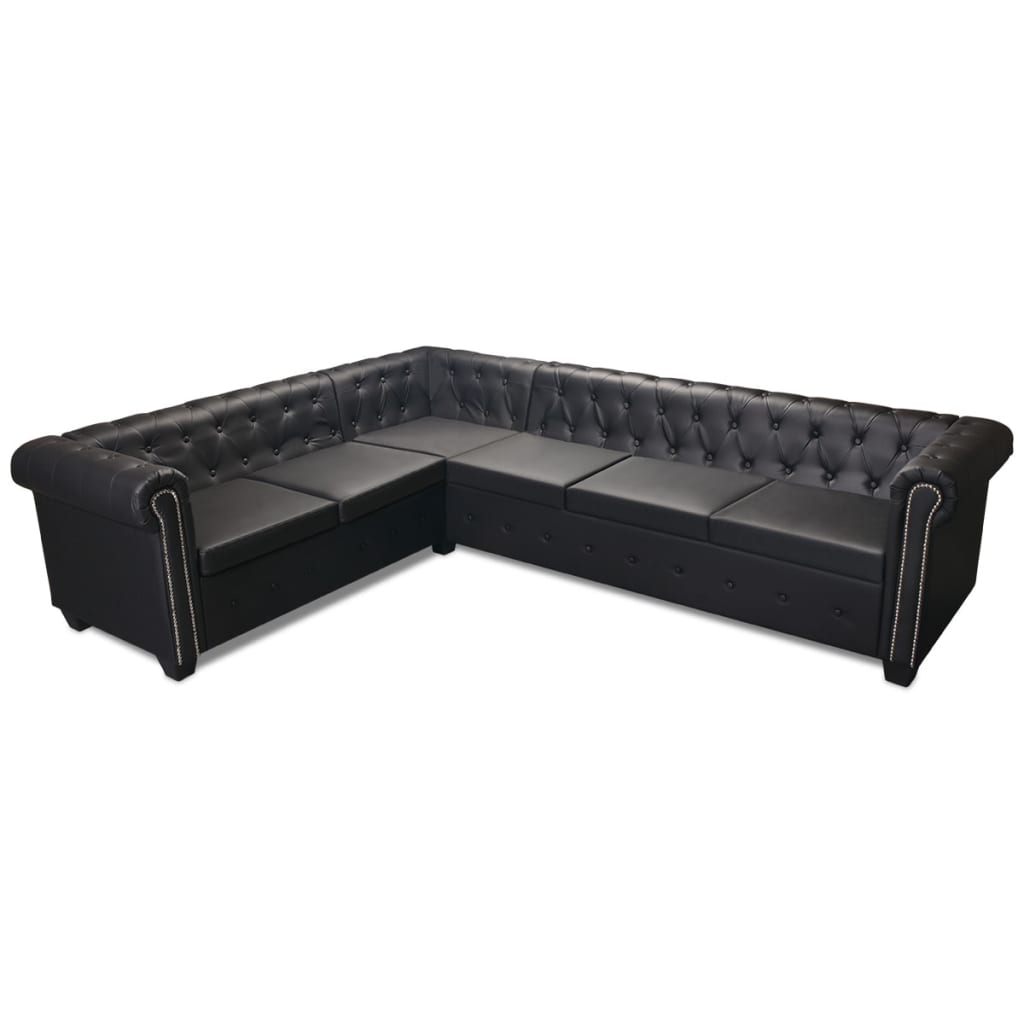 vidaXL Sofa rogowa Chesterfield sześcioosobowa czarna, sztuczna skóra