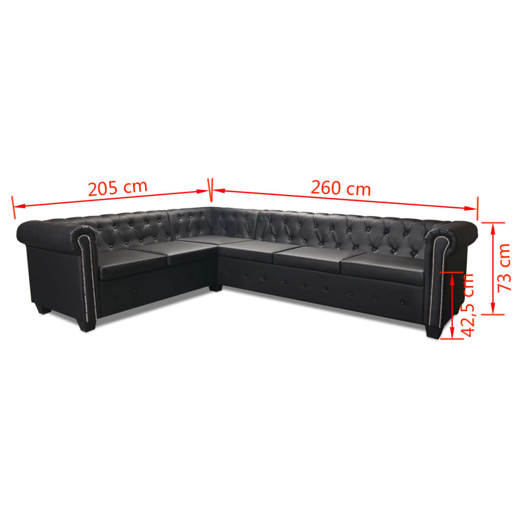 vidaXL Sofa rogowa Chesterfield sześcioosobowa czarna, sztuczna skóra
