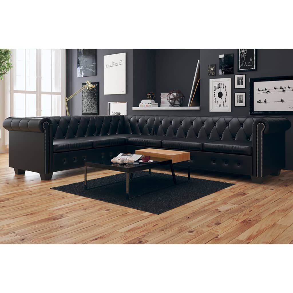 vidaXL Sofa rogowa Chesterfield sześcioosobowa czarna, sztuczna skóra