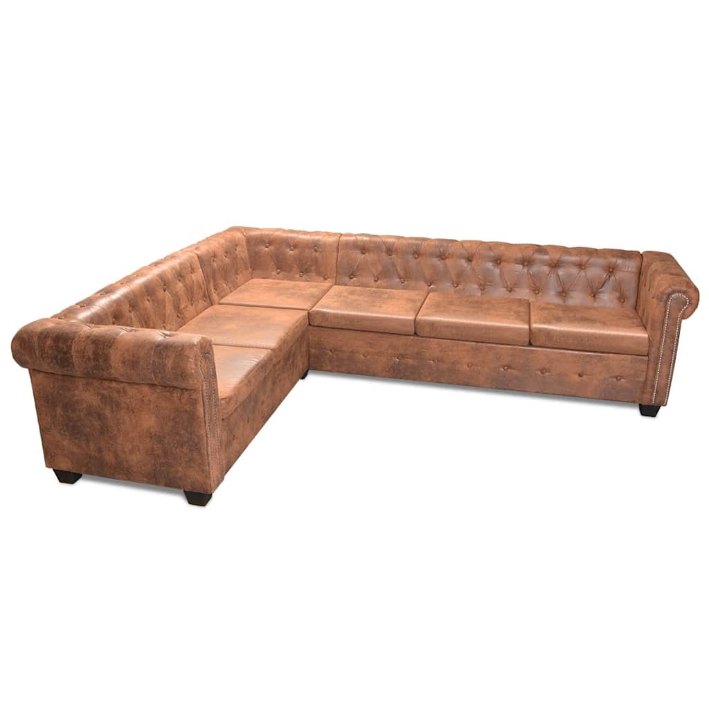 vidaXL Sofa rogowa Chesterfield sześcioosobowa brązowa, sztuczna skóra