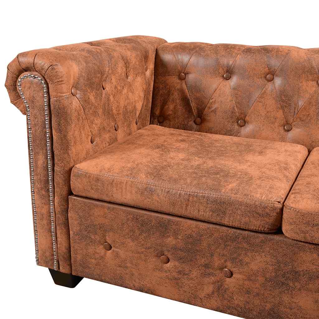 vidaXL Sofa rogowa Chesterfield sześcioosobowa brązowa, sztuczna skóra