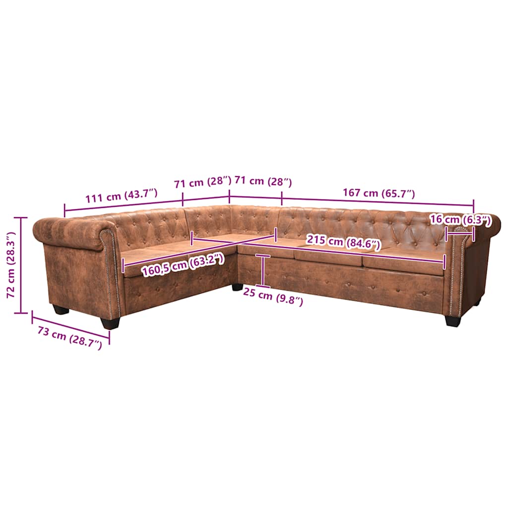 vidaXL Sofa rogowa Chesterfield sześcioosobowa brązowa, sztuczna skóra
