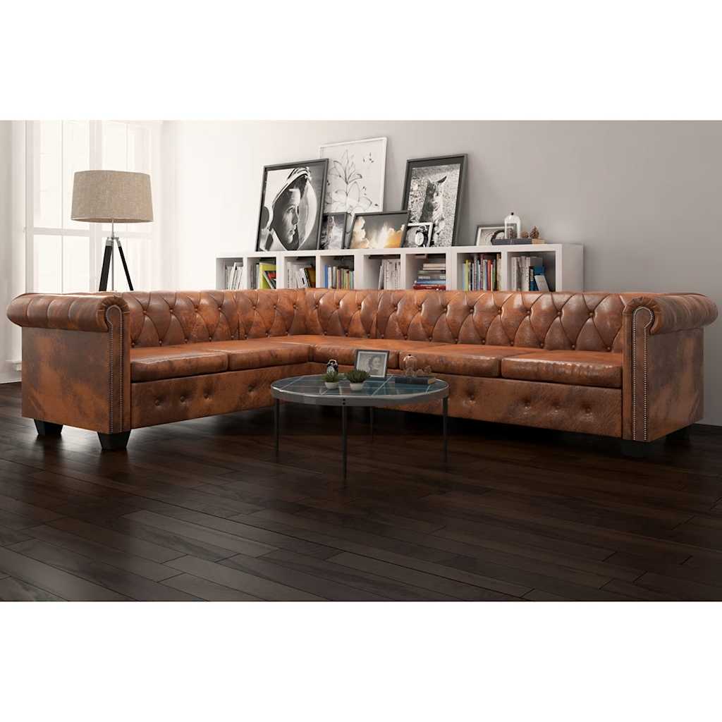 vidaXL Sofa rogowa Chesterfield sześcioosobowa brązowa, sztuczna skóra