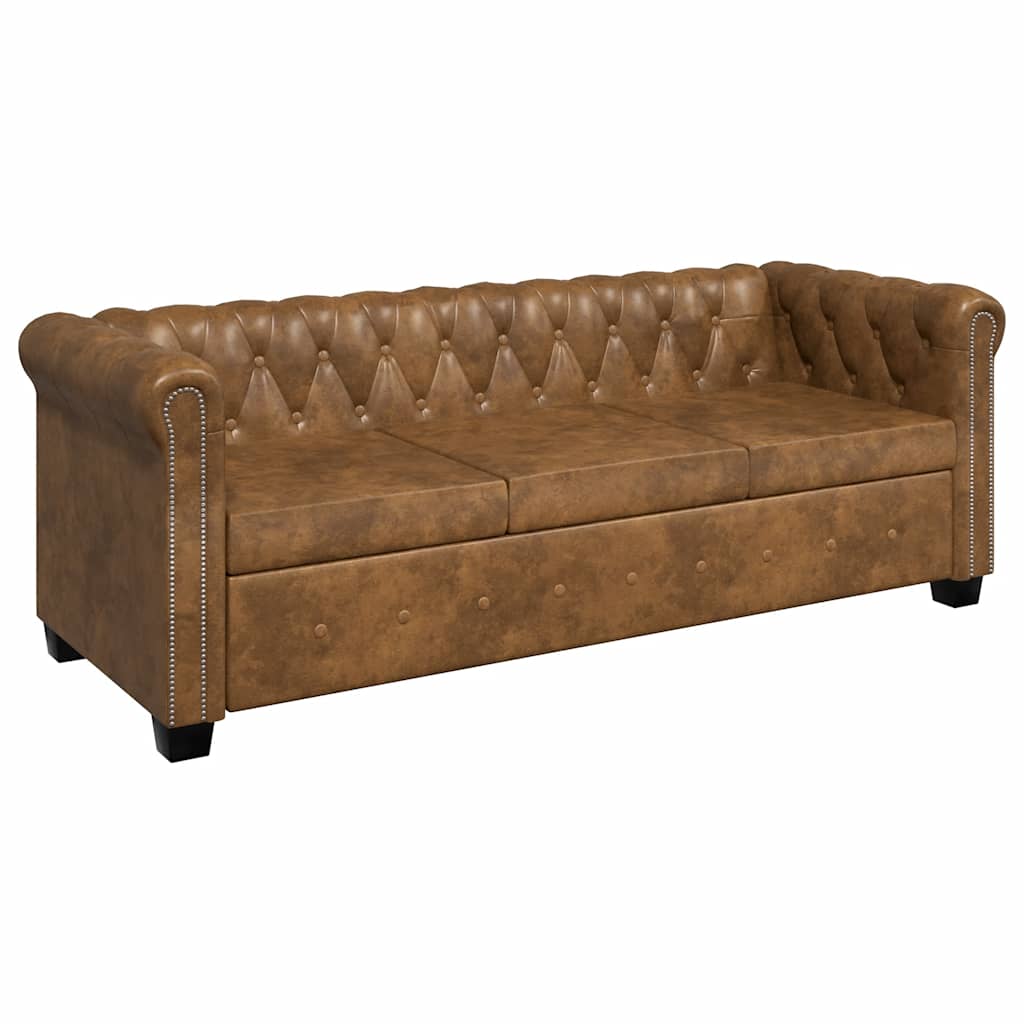 vidaXL Trzyosobowa sofa Chesterfield ze sztucznej skóry, brązowa