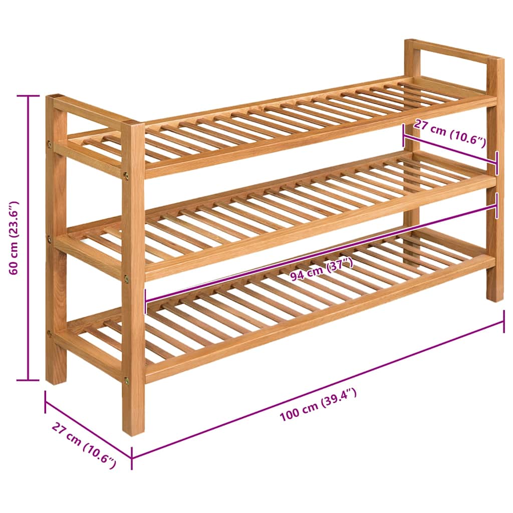 vidaXL Stojak na buty z 3 półkami, 100x27x60 cm, lite drewno dębowe