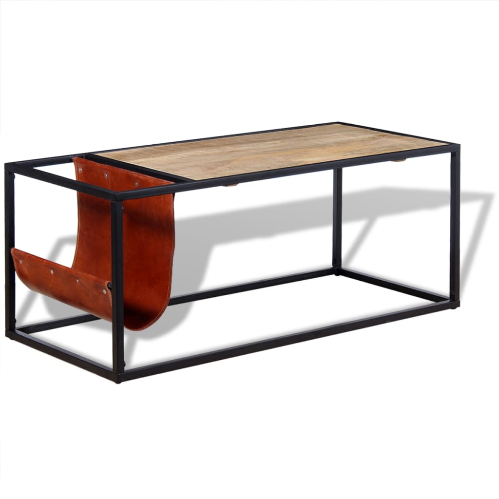 vidaXL Stolik kawowy ze skórzanym uchwytem na czasopisma 110x50x45 cm