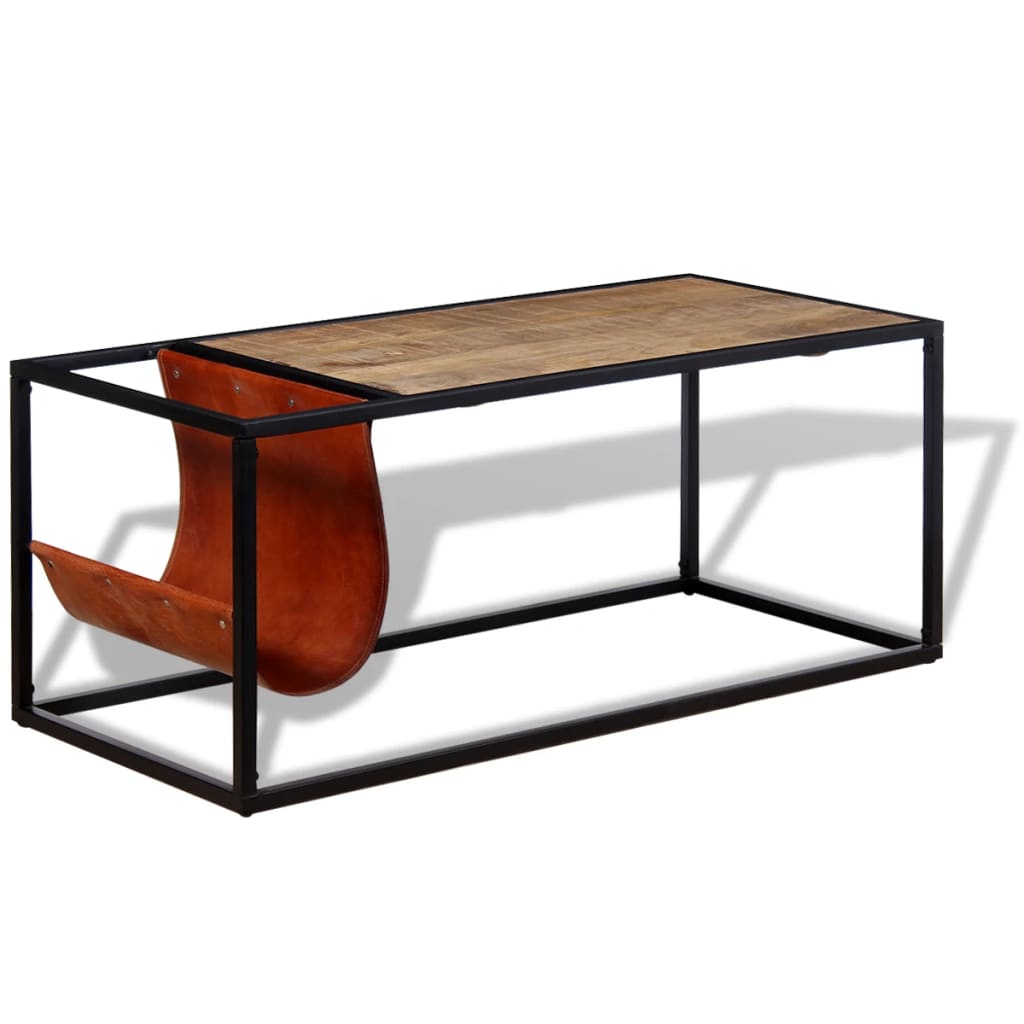 vidaXL Stolik kawowy ze skórzanym uchwytem na czasopisma 110x50x45 cm