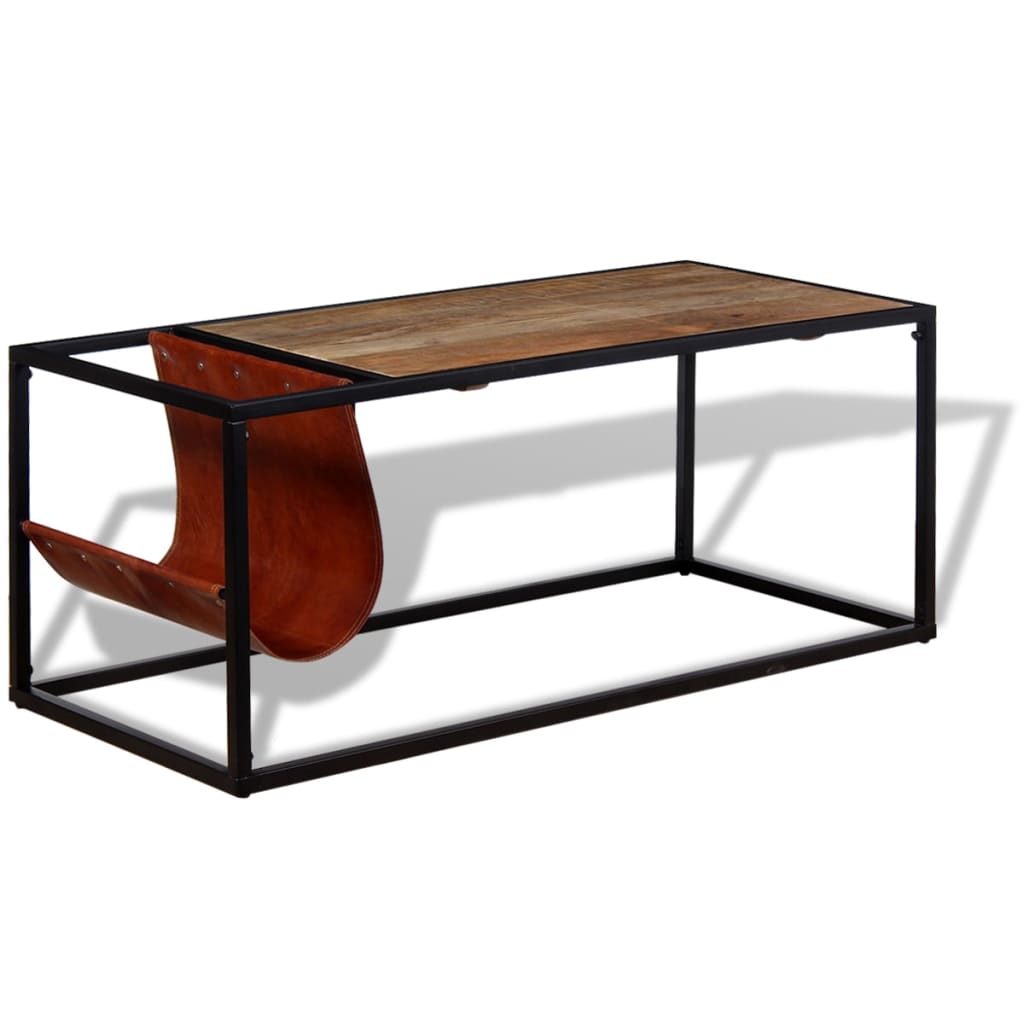vidaXL Stolik kawowy ze skórzanym uchwytem na czasopisma 110x50x45 cm