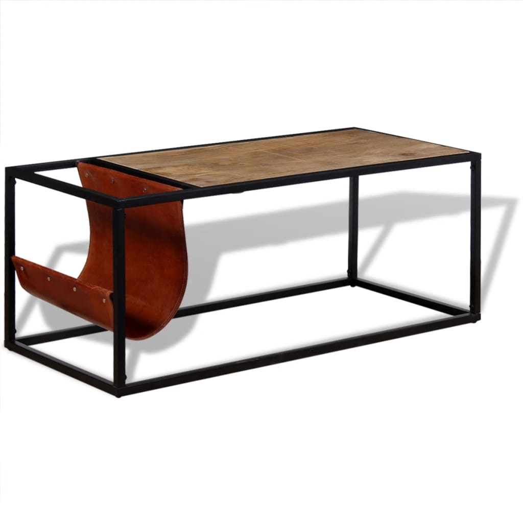 vidaXL Stolik kawowy ze skórzanym uchwytem na czasopisma 110x50x45 cm