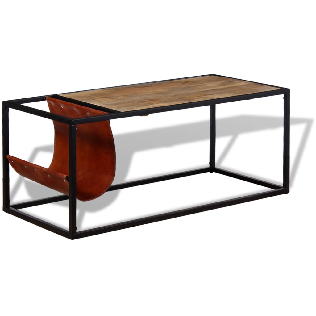 vidaXL Stolik kawowy ze skórzanym uchwytem na czasopisma 110x50x45 cm