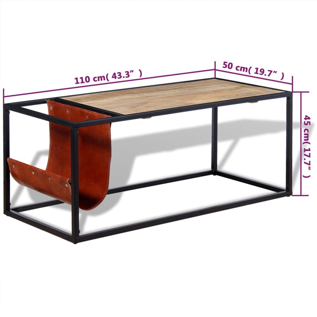 vidaXL Stolik kawowy ze skórzanym uchwytem na czasopisma 110x50x45 cm