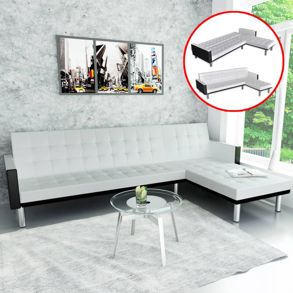 vidaXL Sofa narożna z funkcją rozkładania, sztuczna skóra, biała