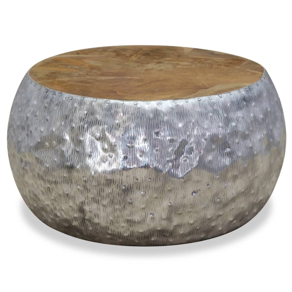 vidaXL Stolik kawowy, aluminium, drewno tekowe, 60 x 60 x 30 cm