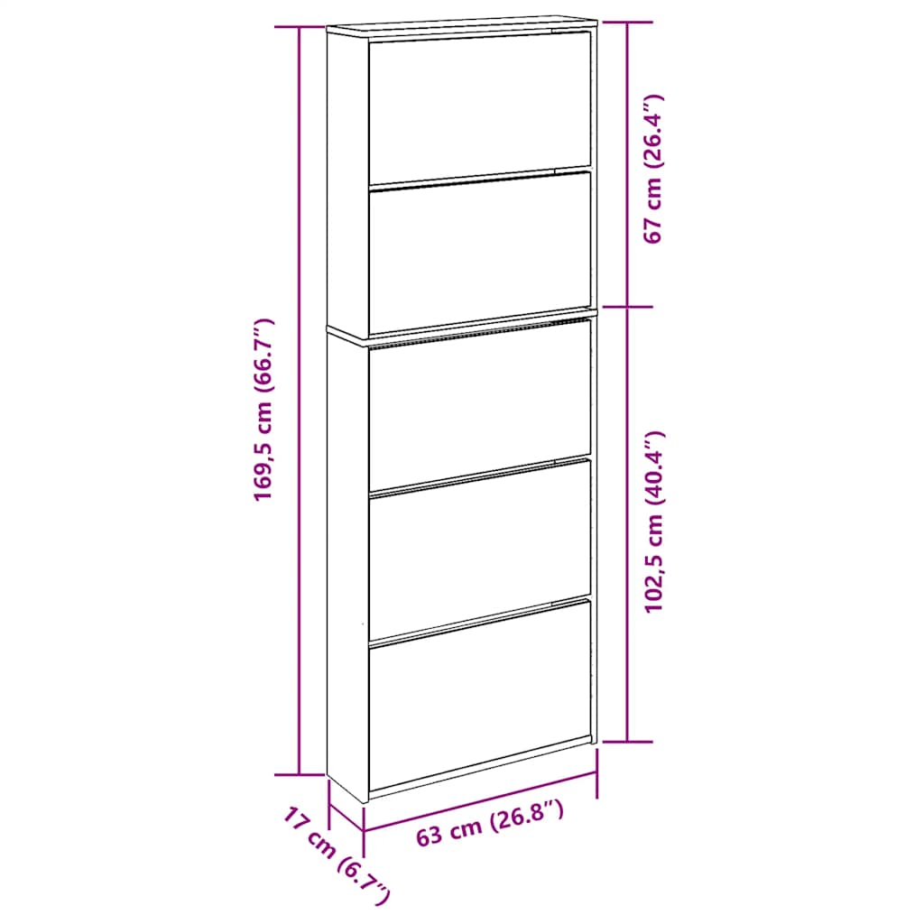 vidaXL Szafka na buty z 5 półkami i lustrem, kolor dębu, 63x17x169,5