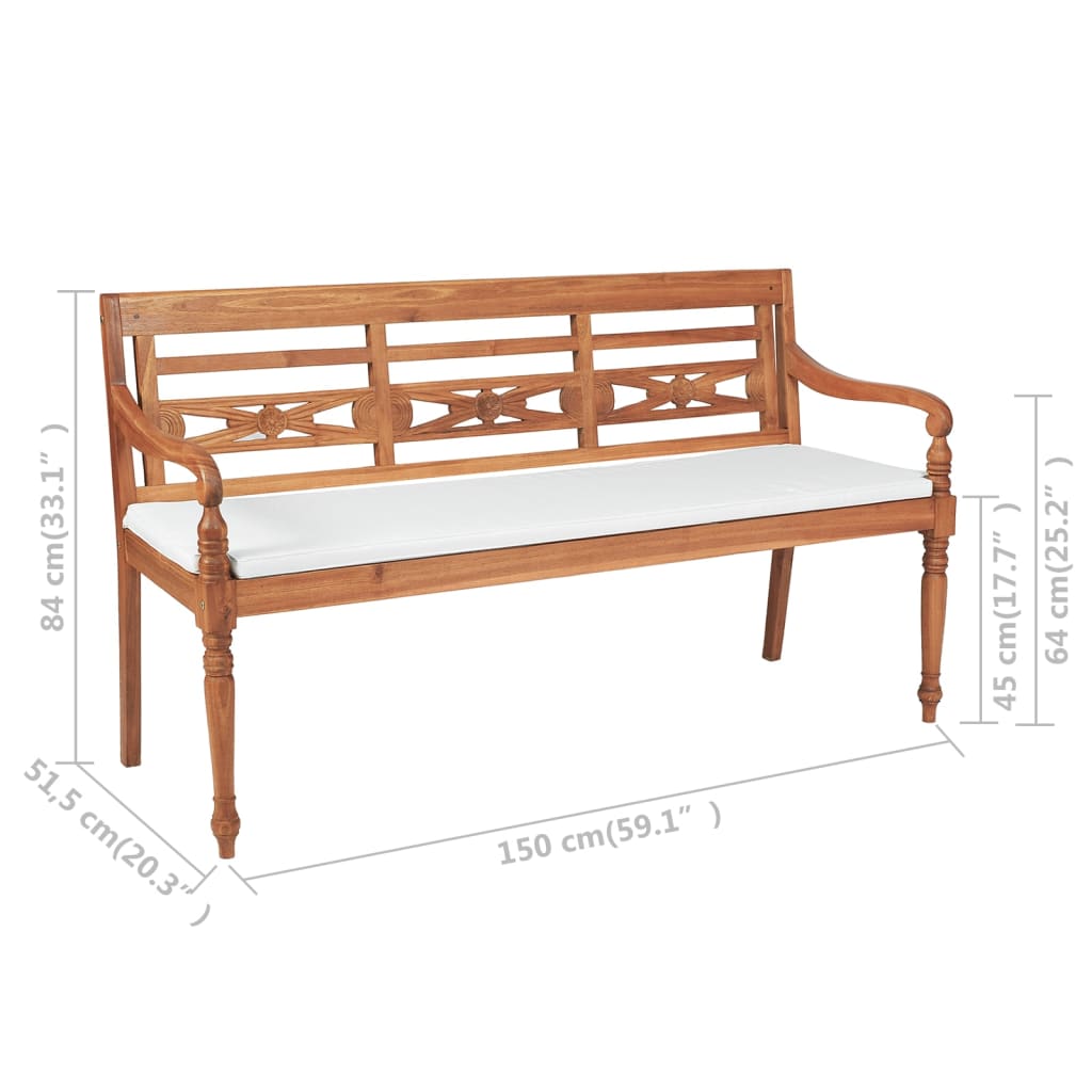 vidaXL Ławka Batavia z poduszkami, 150 cm, drewno tekowe