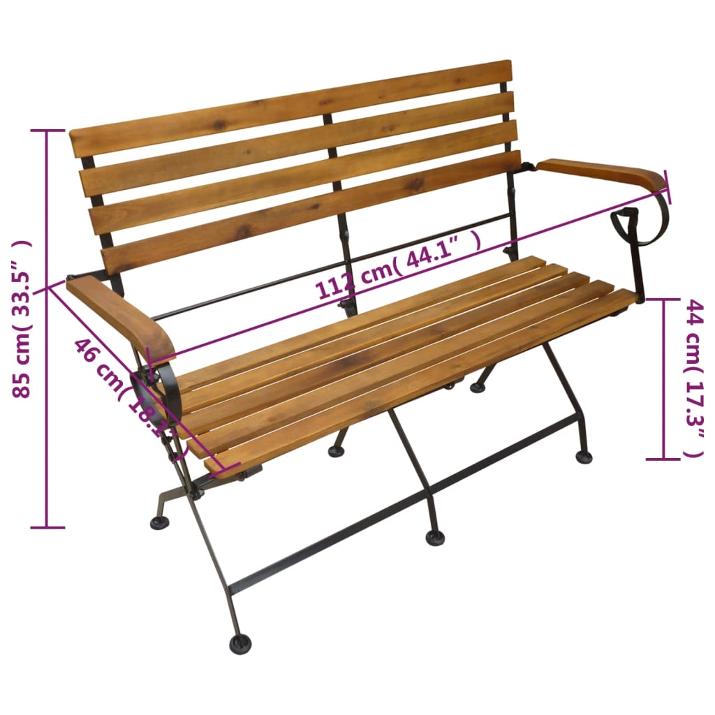 vidaXL Składana ławka ogrodowa, 112 cm, lite drewno akacjowe