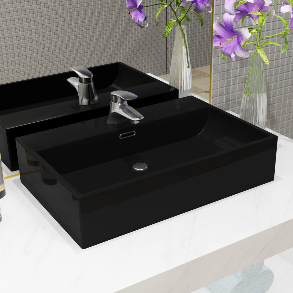 vidaXL Umywalka z ceramiki z otworem na kran 60,5x42,5x14,5 cm, czarna