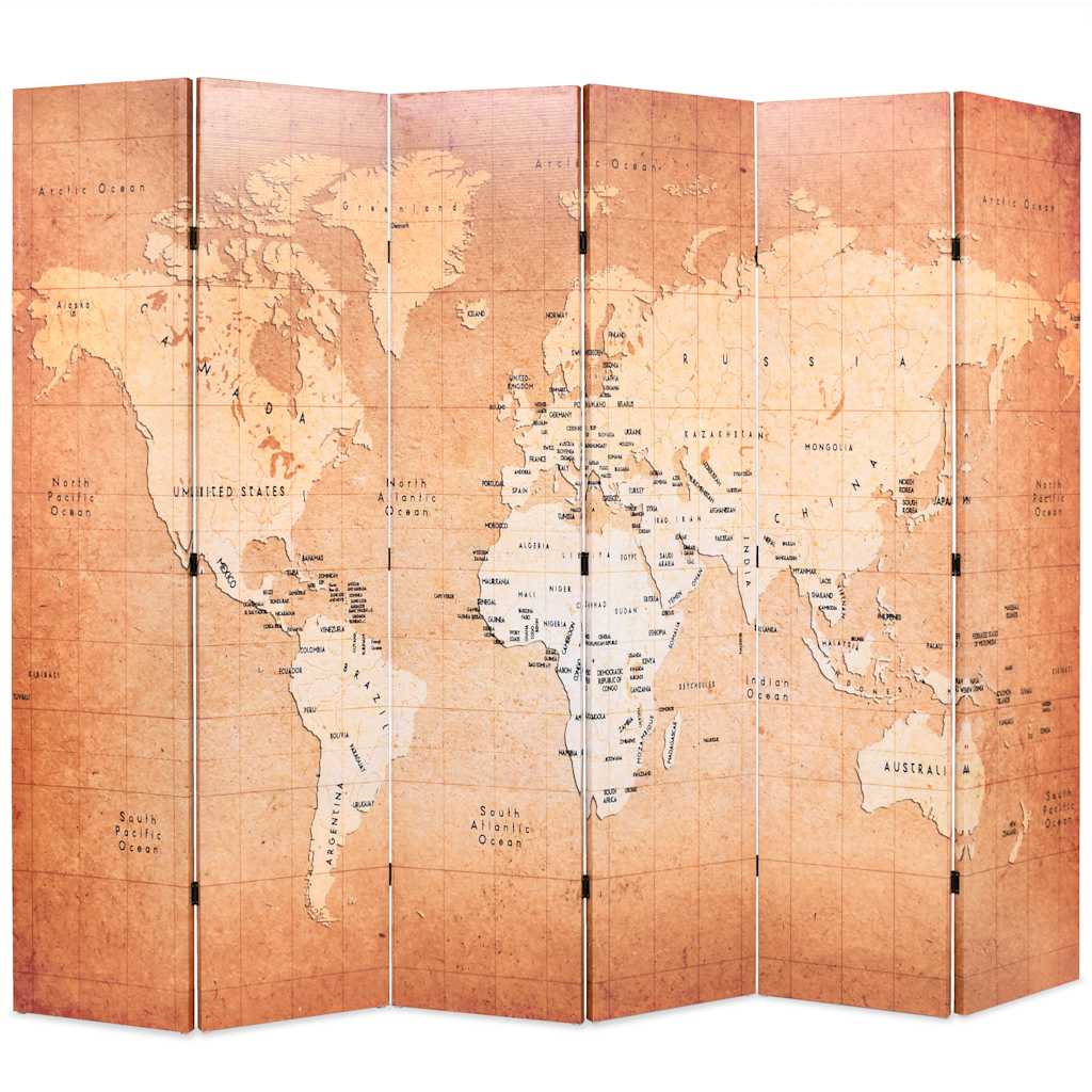 vidaXL Składany parawan, 228x170 cm, mapa świata, żółty