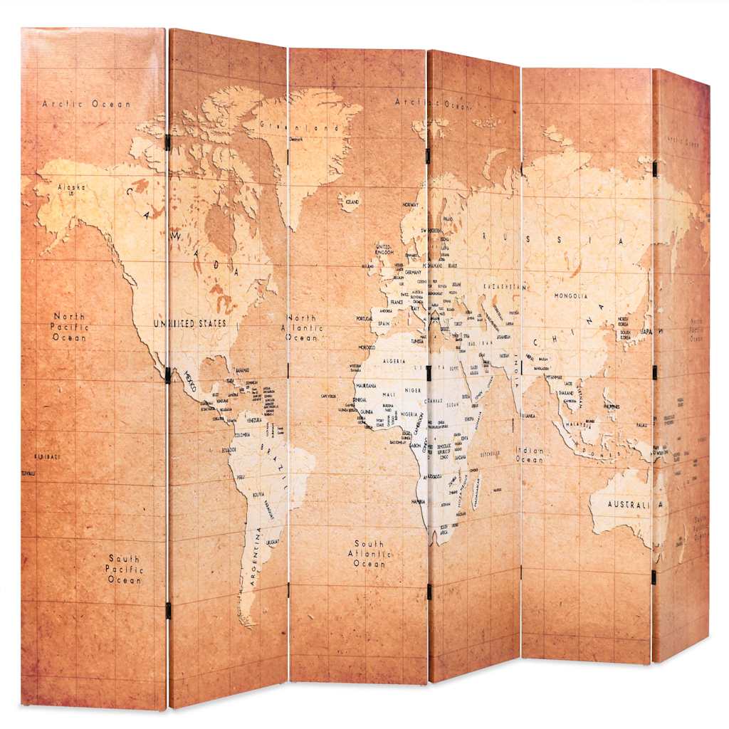 vidaXL Składany parawan, 228x170 cm, mapa świata, żółty