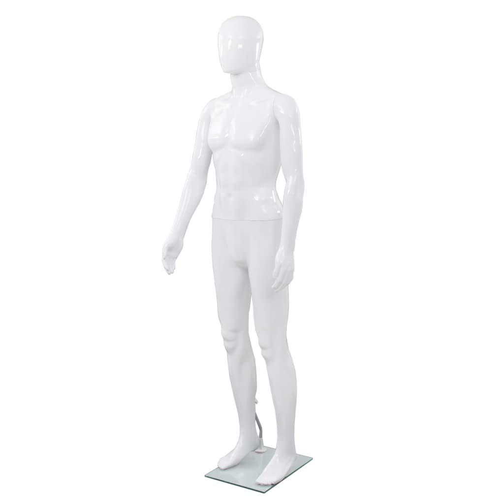 vidaXL Manekin męski ze szklaną podstawą, biały, błyszczący, 185 cm