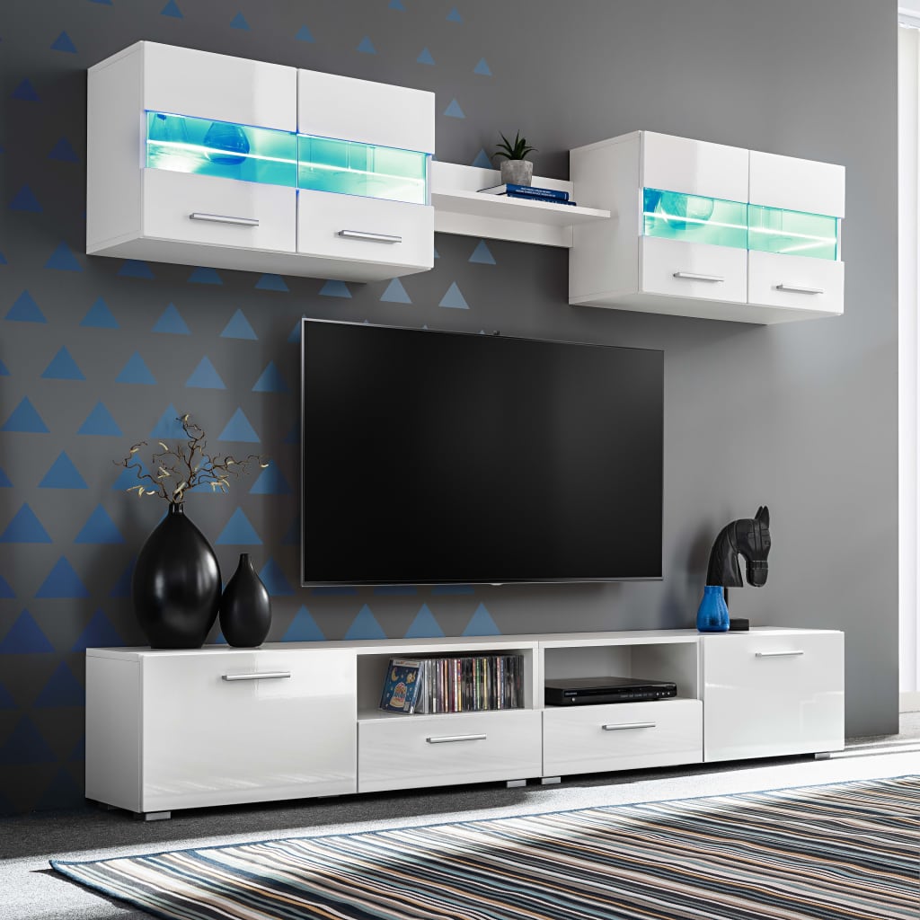 vidaXL Meblościanka pod TV z oświetleniem LED, 5 el., połysk, biała