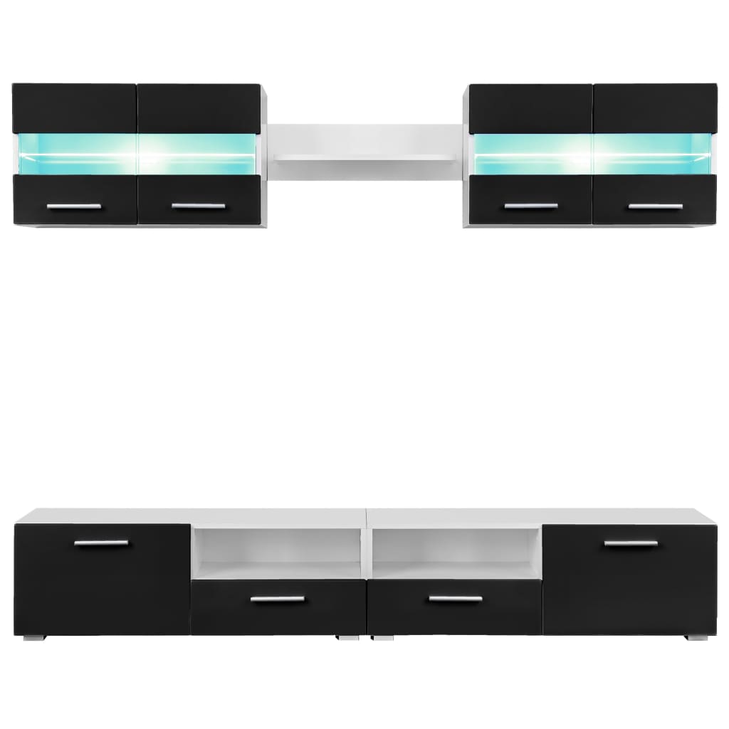 vidaXL Meblościanka z LED pod TV, 5 elementów, czarna na wysoki połysk