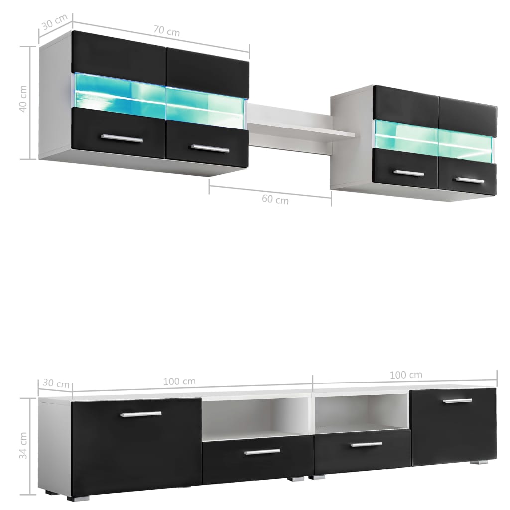 vidaXL Meblościanka z LED pod TV, 5 elementów, czarna na wysoki połysk