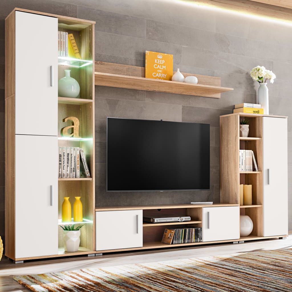 vidaXL Meblościanka pod TV z oświetleniem LED, dąb sonoma i biały