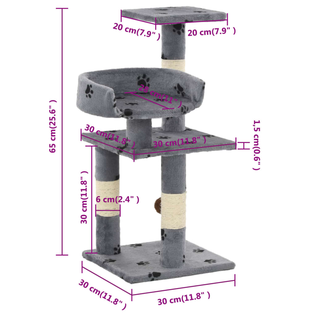 vidaXL Drapak dla kota ze słupkami sizalowymi, 65 cm, szary w łapki