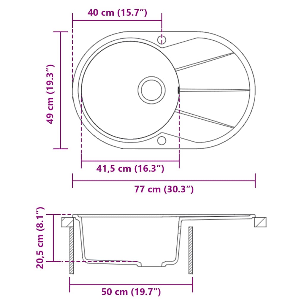 vidaXL Granitowy zlewozmywak jednokomorowy, owalny, szary
